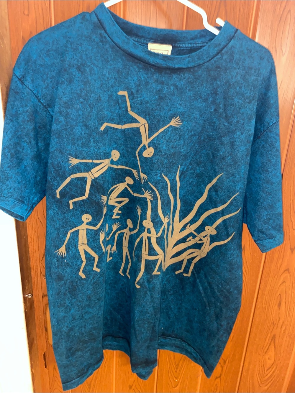 Vintage Ladies Blue Graphic Tee with Tan Tribal Print
